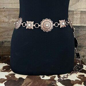 Western Concho Floral Flower Copper Metal Cable Link Belt Semi-Stone Accents XL